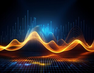 Wall Mural - glowing orange and yellow waveform graph on dark blue grid background depicting digital or audio sig