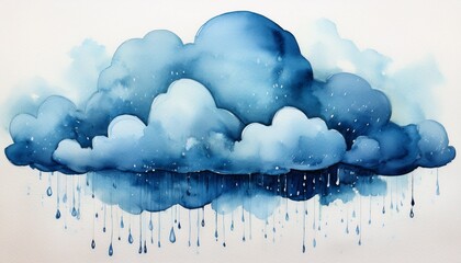 Wall Mural - serene watercolor depiction of a fluffy blue cloud releasing gentle rain drops onto a light background