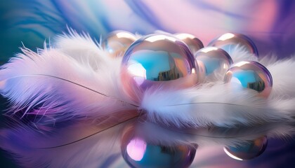 Wall Mural - dreamlike iridescent spheres nestled amongst delicate ethereal feathers a serene and captivating com