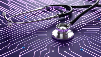 Wall Mural - stethoscope resting on glowing purple circuit board medical health 2025 2026 download