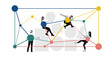 © Lustre Art Group  - Graphic composition of coworkers climbing network structure with dynamic motion and support. Concept of corporate training, leadership mobility, peer support, and agile team development.