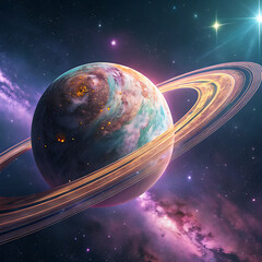 stunning ringed planet glowing brightly in vast cosmic nebula, a celestial wonder