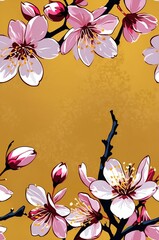 Wall Mural - Cherry Blossoms on gold background cartoonish seamless pattern