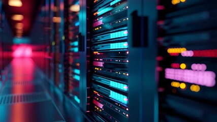 a modern data server room with neon light