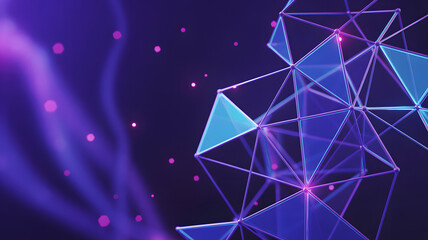 Abstract geometric structure with blue triangles and purple background with bokeh lights