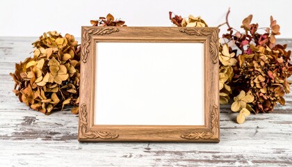 rustic wooden photo frame mockup with a blank insert, set on a vintage wooden table, surrounded by d