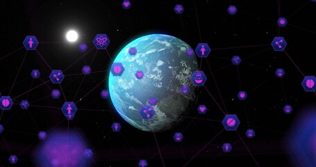 Wall Mural - floating earth globe glowing in outer space, with purple hexagon healthcare icons and thin lines