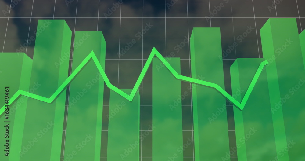 Displaying translucent green 3D bar prisms rising on dark grid, with ...