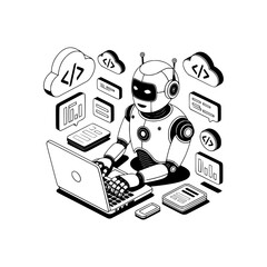 technological intelligence: a stylized illustration depicts a modern robot engrossed in coding, surr