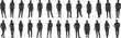 © Lotus - Silhouettes of men and women standing upright in business or casual wear, side and front views, black vector figures