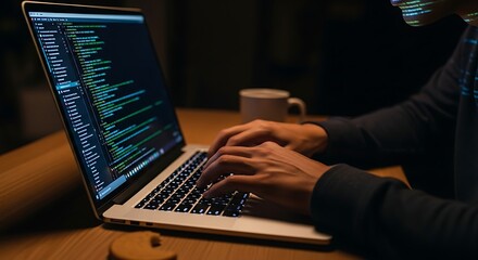 Software developer working late, typing code on a laptop in a dark office