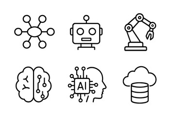 Various symbols representing artificial intelligence, automation, and technology innovations in a digital design format