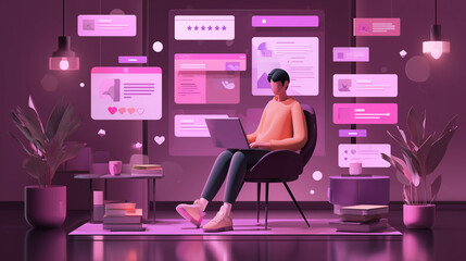 A man is sitting at a desk with a computer monitor in front of him. The monitor is filled with various colorful icons and messages, creating a sense of chaos and disorganization