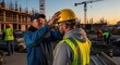 © Arclens Studio - Construction Site Safety First: A construction worker is adjusting his colleague's safety helmet, emphasizing safety in a construction environment.