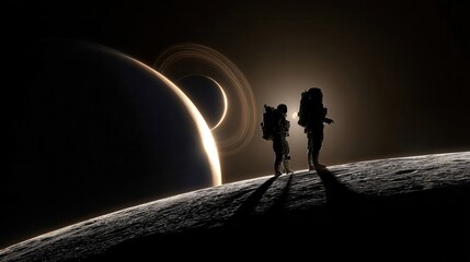 Wall Mural - two astronauts stand on a celestial body, gazing at planetary rings.