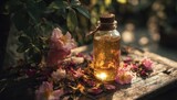 Golden rose oil in a glass bottle, surrounded by fresh and dried petals, on a rustic wooden surface