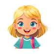 © ZAKHI - Adorable cartoon illustration of a happy little blonde girl with blue eyes and a pink backpack, ready for her first day of school