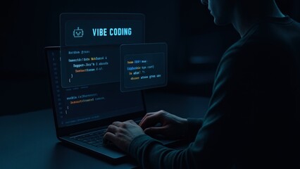 Man types on black laptop with floating interface shows code and vibe coding text, script runner, digital focus coding