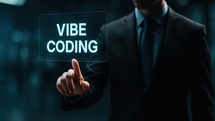 Man in gray suit touching translucent digital screen and text vibe coding, reflecting script runner and digital focus in modern ui concept