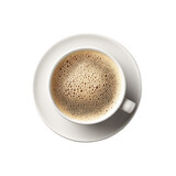Overhead view of a white ceramic coffee cup filled with dark brown coffee, a frothy crema on top, sitting on a matching saucer