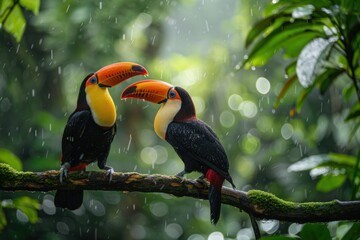 Toucan sitting on the branch in the forest, green vegetation, Costa Rica. Nature travel in central America. Two Keel-billed Toucan, Ramphastos sulfuratus, pair of bird with big bill. Wildlife.