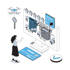 Wall Mural - real estate 3d isometric concept with isometry people design for web. woman searching new house at a