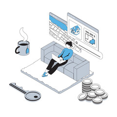 Wall Mural - real estate 3d isometric concept with isometry people design for web. woman searching new house onli