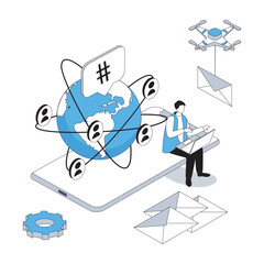Wall Mural - social network 3d isometric concept with isometry people design for web. man connecting online with 