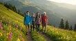 © Budi - Golden Hour Hike: Diverse Group Smiles on a Wildflower Path in the Green Mountains