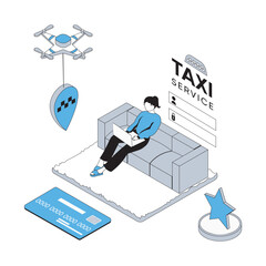 Wall Mural - taxi service 3d isometric concept with isometry people design for web. woman ordering online car cab