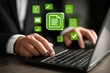 © Andrew - Businessperson using laptop with document icons