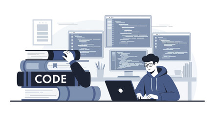 Dedicated software developer immersed in coding with books and multiple screens