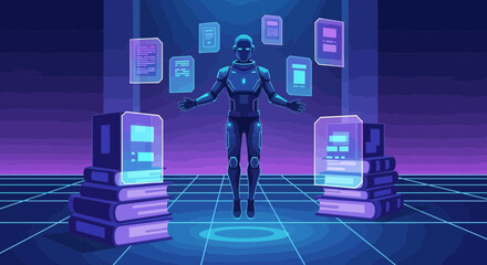 Futuristic learning concept with robot using digital interface and books concept