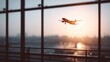 © Opaa - Airplane taking off seen through airport window at sunrise