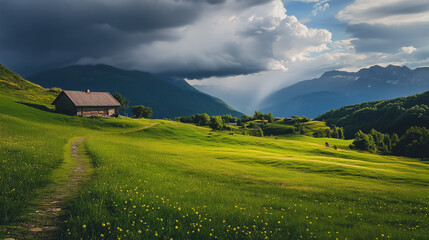 Wall Mural - green field and blue sky. field and clouds