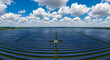 © Thiago - Vast solar panel array stretching into the horizon, underneath a bright blue sky with fluffy clouds.