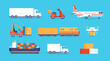 © Foxy Fox - Logistics transport. Cartoon delivery transportation. Delivery trucks, cargo vans, containers, scooters, airplanes, ships, warehouse. Transportation modes and service concept. Vector set
