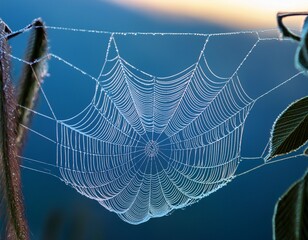 close up of a delicate and intricate web structure against a soft blue background showcasing nature 