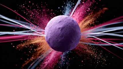 Wall Mural - purple ball is surrounded by a cloud of colorful dust. concept of chaos and destruction, as if the b