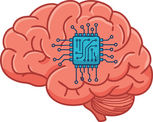 Wall Mural - human brain with integrated blue microchip technology illustration for ai and neuroscience concept