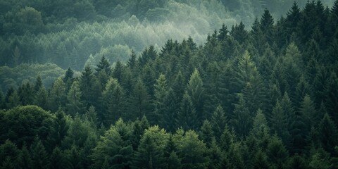 professional high quality Misty Forest Landscape with Evergreen Trees and Dense Canopy