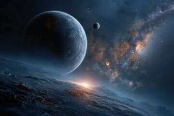 Wall Mural - incredible science fiction space wallpaper depicting distant planets and a stunning galaxy filled wi