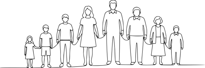 A modern drawing depicts a continuous line of people from various age groups standing together
