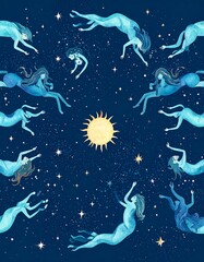 celestial beings, half-woman half-horse, orbit a radiant sun in a dark blue cosmos strewn with stars