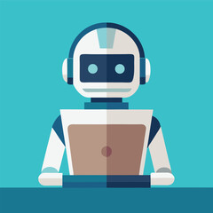 Cartoon flat robot toy with a laptop vector illustration of computer monitor and webcam internet technology concept icon