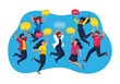 © PP Creative - Flat illustration of a diverse group of people jumping with joy and communicating through speech bubbles