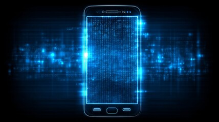 A digital smartphone with glowing binary code floats against a dark backdrop,