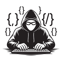 Mysterious hacker in hoodie typing code surrounded by brackets and forward slash symbols