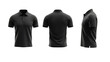 © Valadine - Men's black polo shirt mockup in front, back, and side view. Isolated clothing template.