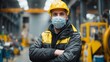 © The_AI_Revolution - Portrait of industrial worker wearing protective mask, hard hat and yellow safety jacket in a factory setting with blurred background